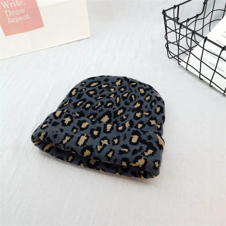 Wholesale Custom Slouchy Leopard Winter Knitted Beanie Hat Winter Headwear