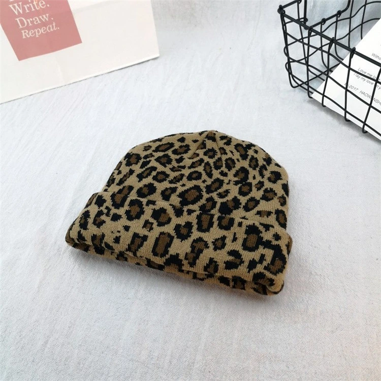 Wholesale Custom Slouchy Leopard Winter Knitted Beanie Hat Winter Headwear